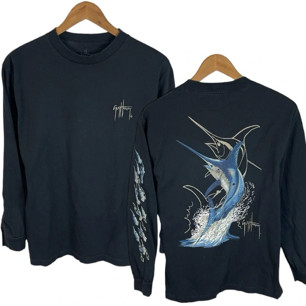 LS353 Vintage Men’s Guy Harvey AFTCO Bluewater Fishing Lure Print LS T Shirt M - Picture 1 of 6